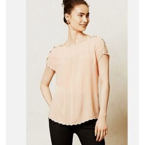 Anthropologie‎ Maeve Top Womens Size 2 Swiss Dot Coral Button Scalloped Blouse